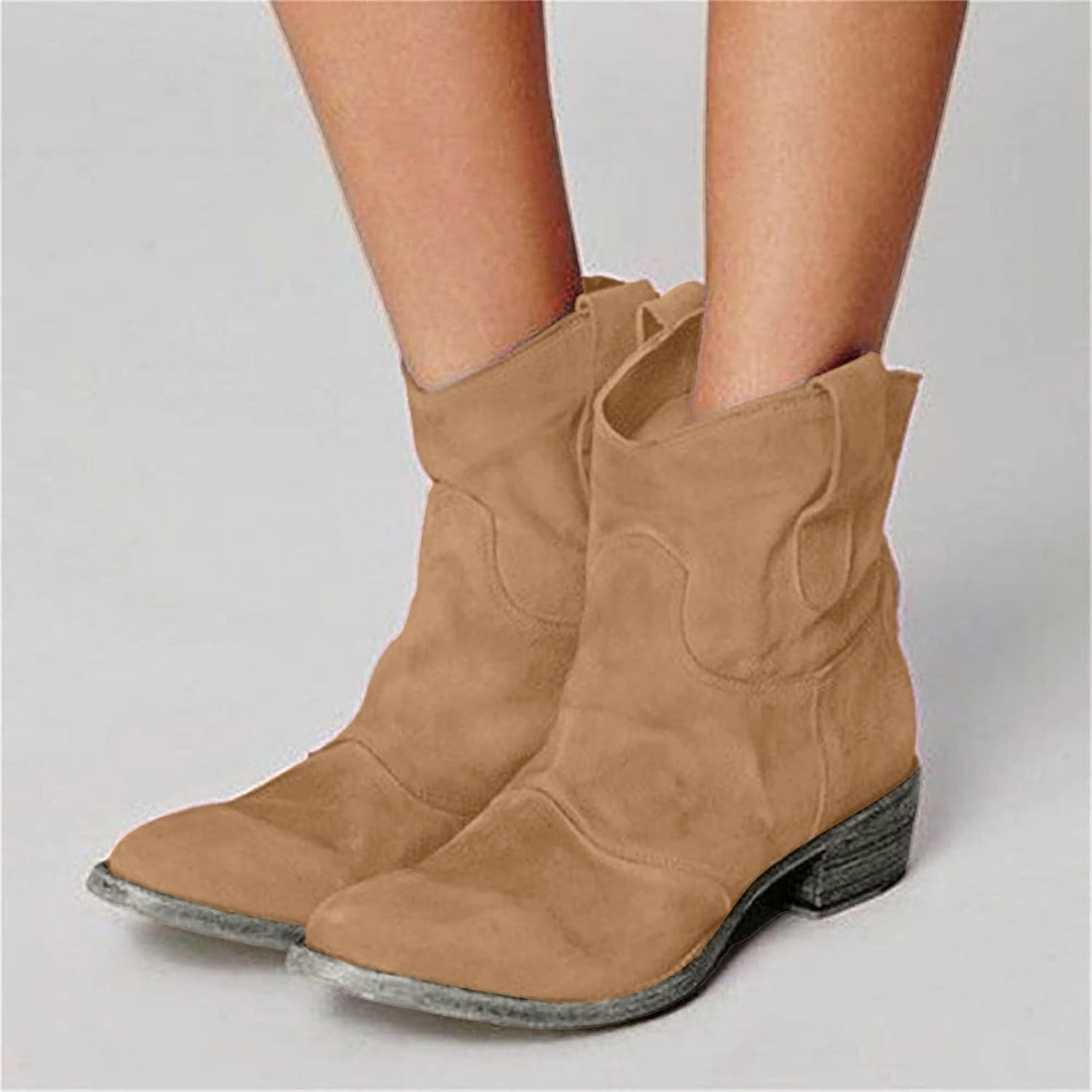 Western Cowboy Ankle Boots for Women,Low Heel Mid Calf Cowgirl Boots Slip On Round Toe Chunky Heel Fashion Retro Classic Boots Suede Back Zipper Fall Short Ankle Booties