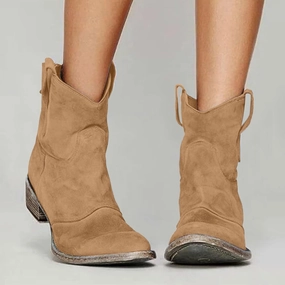 Western Cowboy Ankle Boots for Women,Low Heel Mid Calf Cowgirl Boots Slip On Round Toe Chunky Heel Fashion Retro Classic Boots Suede Back Zipper Fall Short Ankle Booties