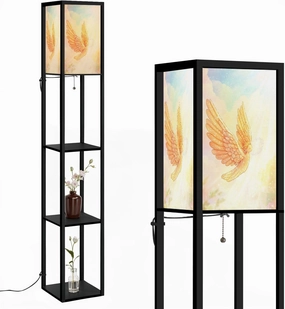 Whimsical Cartoon Angel Starry Wings Art Print Floor Lamps with Shelves, Modern Standing Lamp Narrow Corner Display Bookshelf Lamp for Living Room, Bedroom, Office Decor