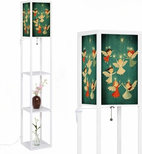 Whimsical Cartoon Angels Diverse Wing Styles Art Print Floor Lamps with Shelves, Modern Standing Lamp Narrow Corner Display Bookshelf Lamp for Living Room, Bedroom, Office Decor