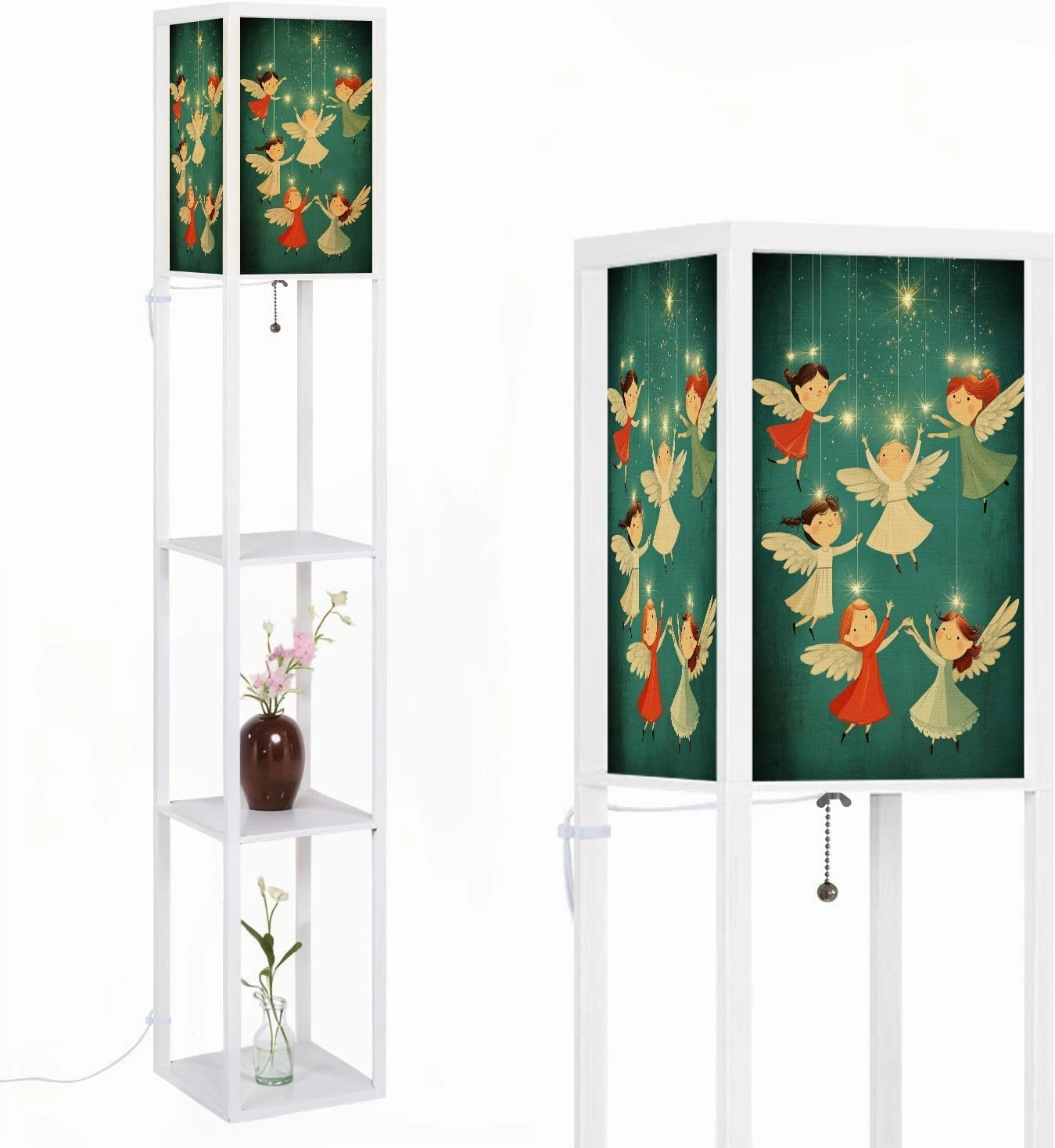 Whimsical Cartoon Angels Diverse Wing Styles Art Print Floor Lamps with Shelves, Modern Standing Lamp Narrow Corner Display Bookshelf Lamp for Living Room, Bedroom, Office Decor