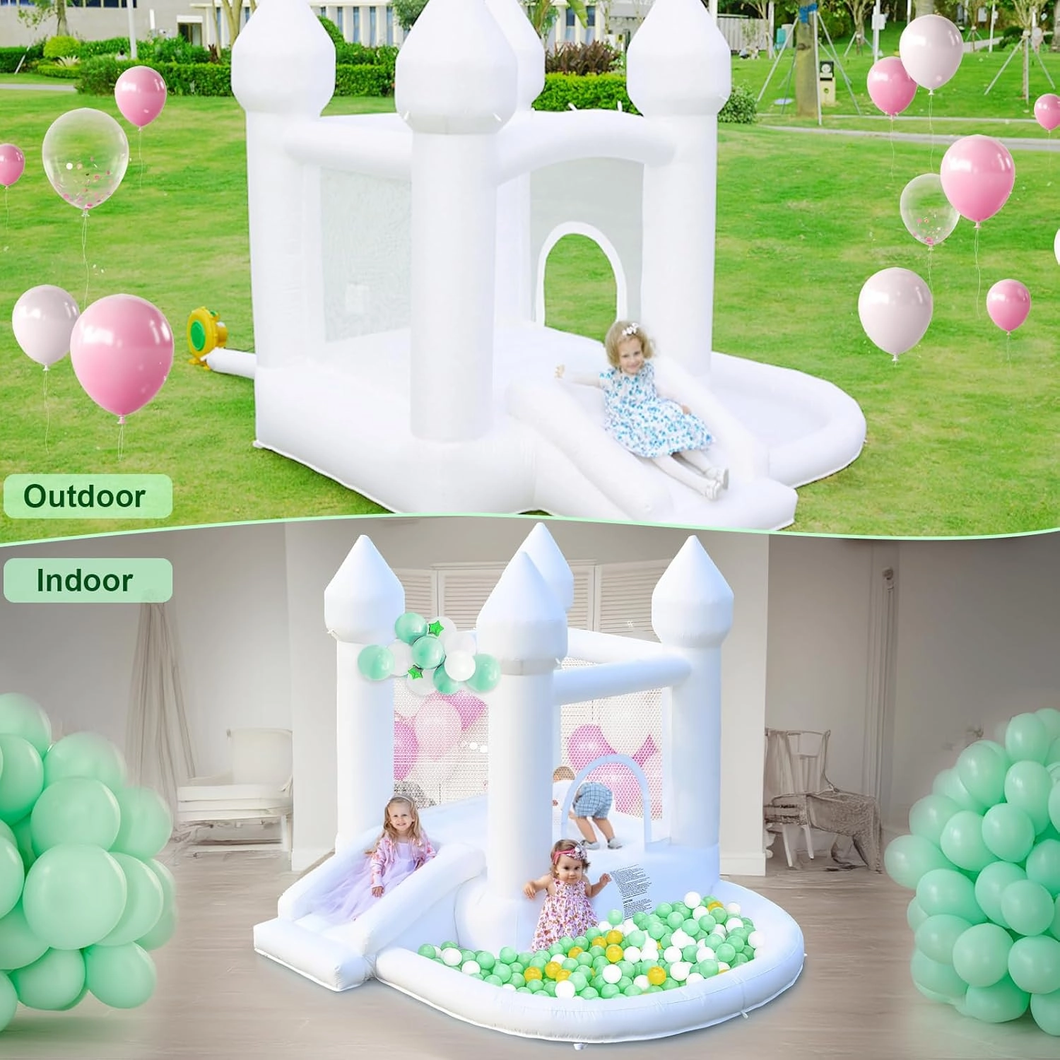 White Bounce House, Inflatable Bounce House with Ball Pit & Slide, Kids Indoor Bounce House Portable Fun House Outdoor Bounce House with Blower for Birthday Party, Wedding Decor