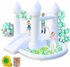 White Bounce House, Inflatable Bounce House with Ball Pit & Slide, Kids Indoor Bounce House Portable Fun House Outdoor Bounce House with Blower for Birthday Party, Wedding Decor