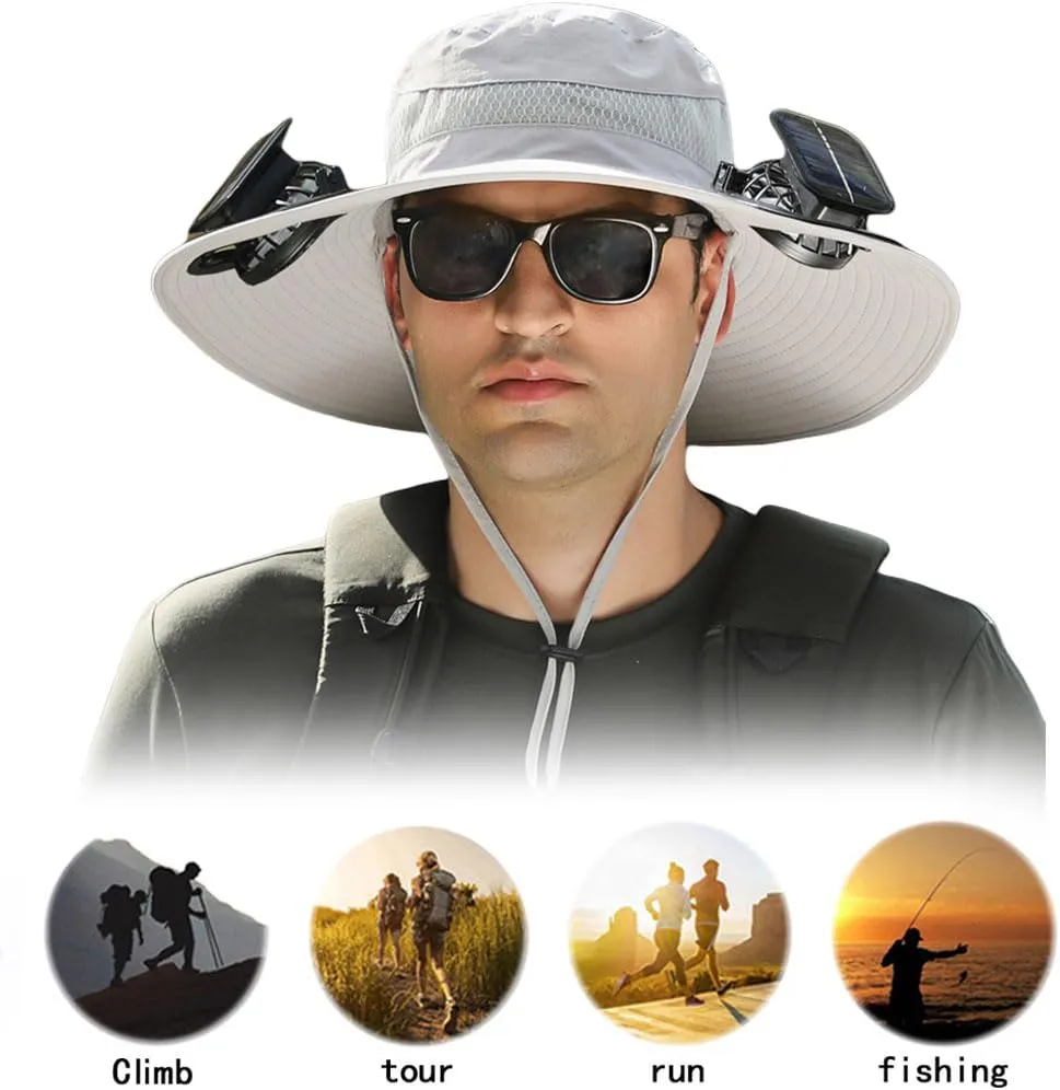 Wide Brim Solar Fan Hat for Men & Women – UPF 50  Sun Hat with Built-in Fans, Solar & USB Rechargeable, Outdoor Cooling Cap for Hiking, Fishing, Camping