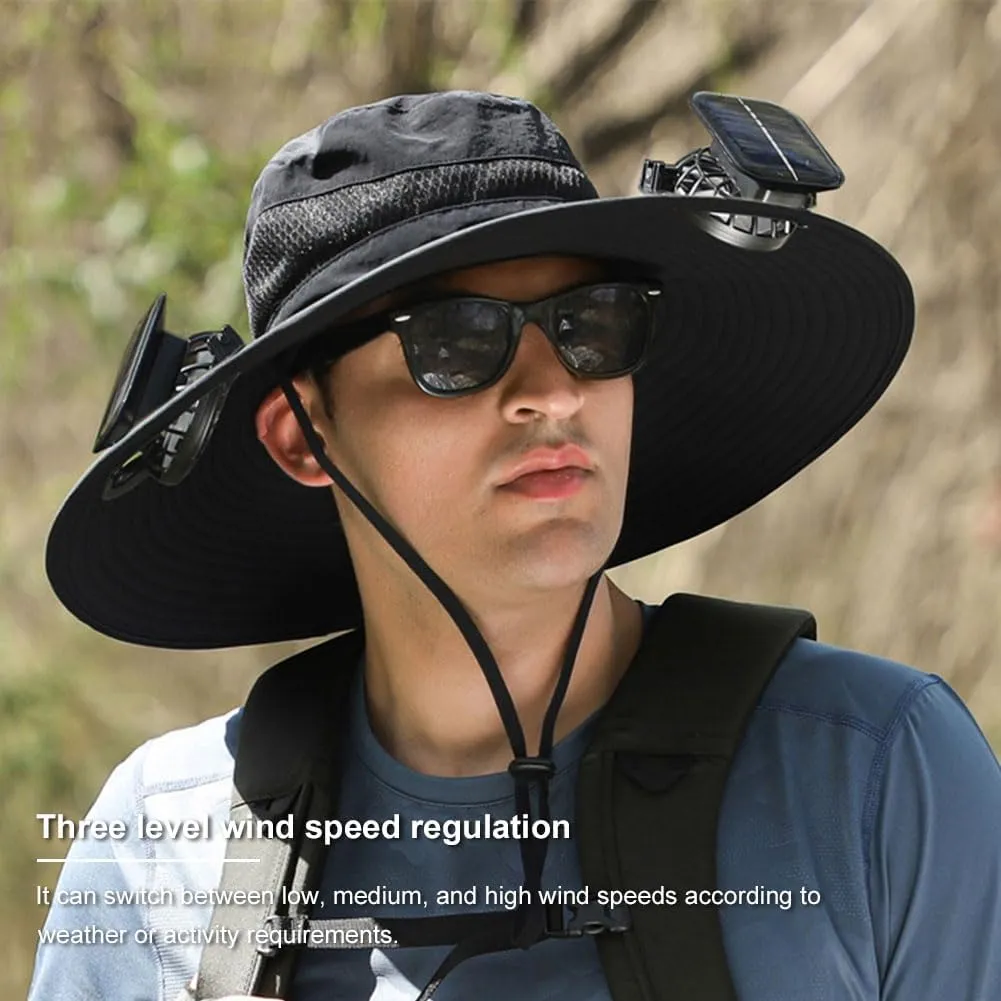 Wide Brim Solar Fan Hat for Men & Women – UPF 50  Sun Hat with Built-in Fans, Solar & USB Rechargeable, Outdoor Cooling Cap for Hiking, Fishing, Camping