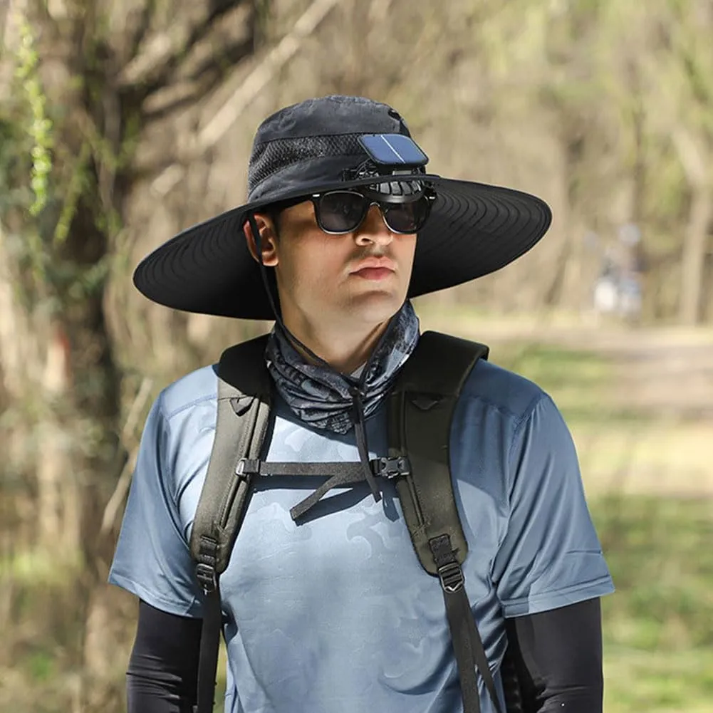Wide Brim Solar Fan Hat for Men & Women – UPF 50  Sun Hat with Built-in Fans, Solar & USB Rechargeable, Outdoor Cooling Cap for Hiking, Fishing, Camping