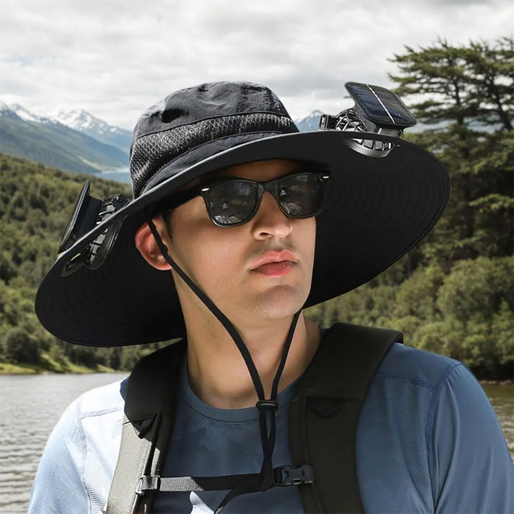 Wide Brim Solar Fan Hat for Men & Women – UPF 50  Sun Hat with Built-in Fans, Solar & USB Rechargeable, Outdoor Cooling Cap for Hiking, Fishing, Camping