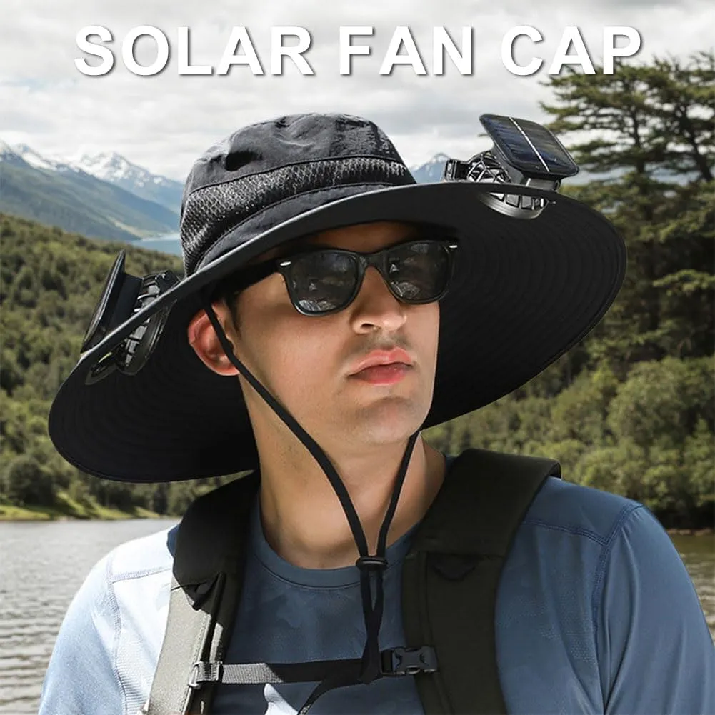 Wide Brim Solar Fan Hat for Men & Women – UPF 50  Sun Hat with Built-in Fans, Solar & USB Rechargeable, Outdoor Cooling Cap for Hiking, Fishing, Camping