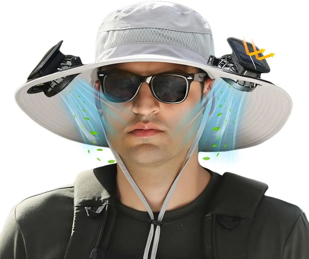 Wide Brim Solar Fan Hat for Men & Women – UPF 50  Sun Hat with Built-in Fans, Solar & USB Rechargeable, Outdoor Cooling Cap for Hiking, Fishing, Camping