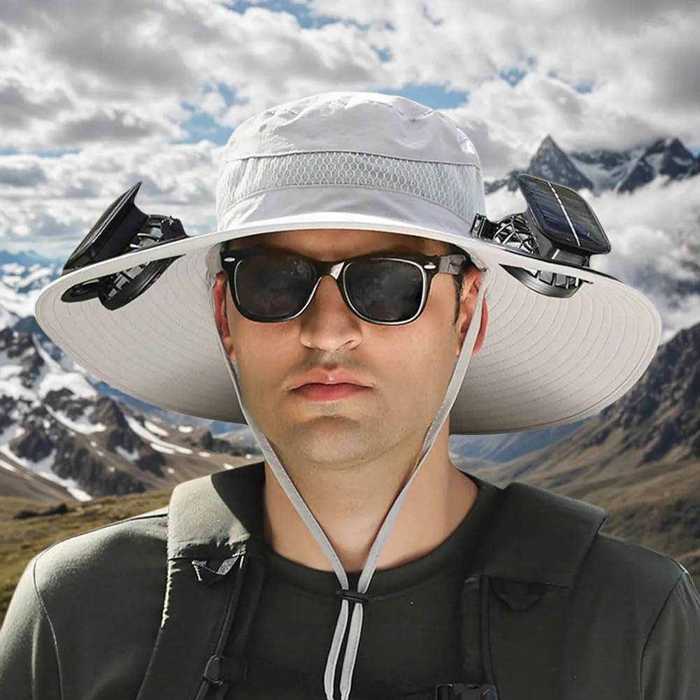 Wide Brim Solar Fan Hat for Men & Women – UPF 50  Sun Hat with Built-in Fans, Solar & USB Rechargeable, Outdoor Cooling Cap for Hiking, Fishing, Camping