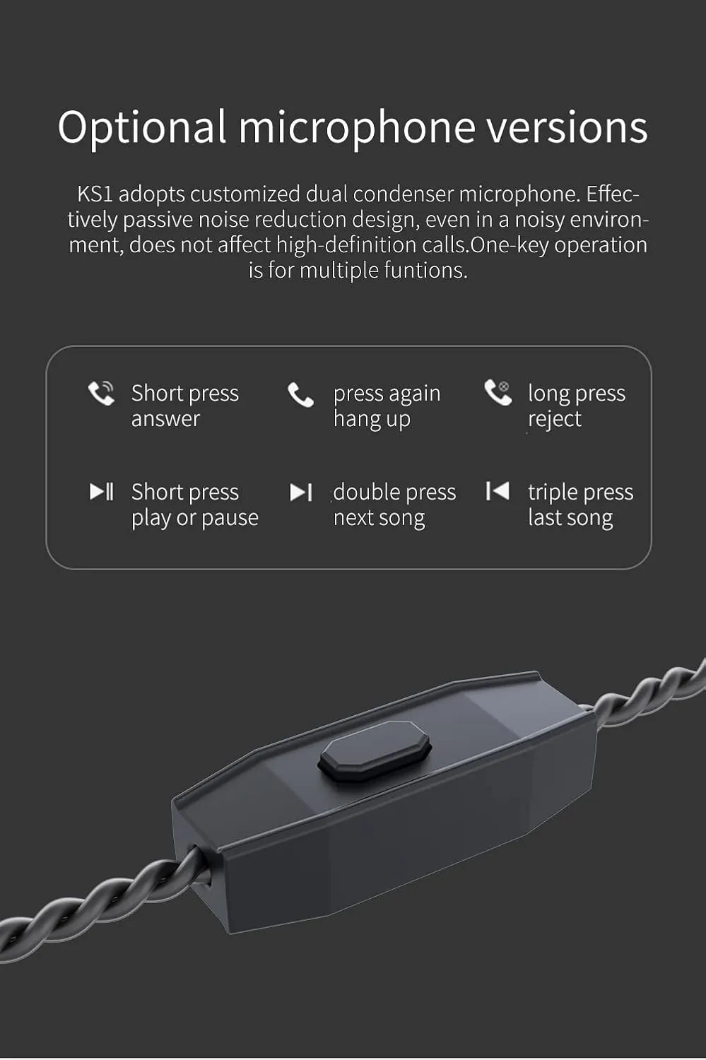 Wired Earbuds with Microphone KBEAR KS1 in-Ear Headphones with 1DD Deep Bass HiFi Stereo Noise Isolating IEM with Tangle-Free Removable Cord Fit in Ear Suitable for Phone Call/Workout