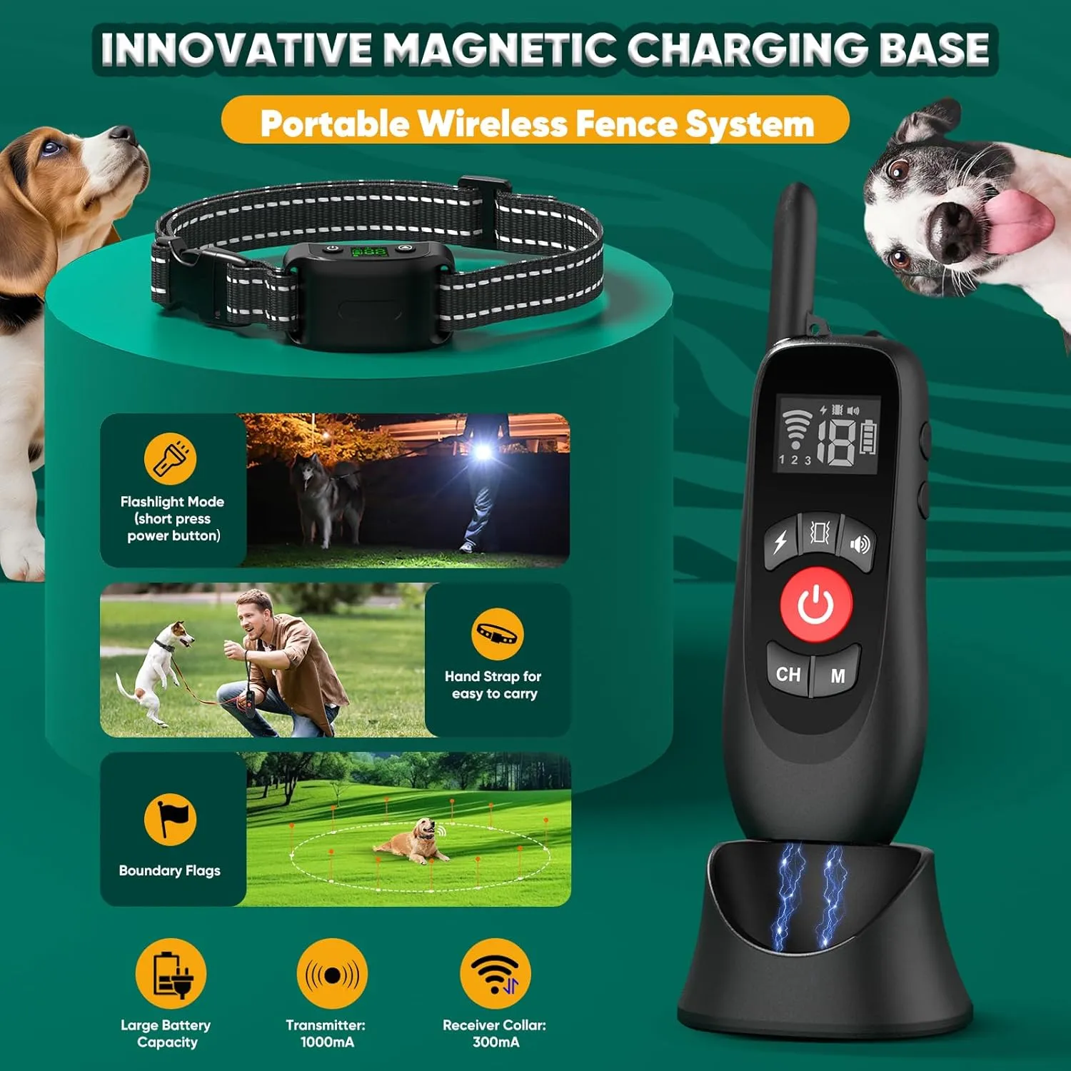 Wireless Dog Fence, 2 in 1 Electric Fence for Dogs with Smart Magnetic Charging Base, Outdoor Portable Dog Perimeter Collar Fence, Adjustable Waterproof 100% Safe Suitable for Large Medium Small Dogs