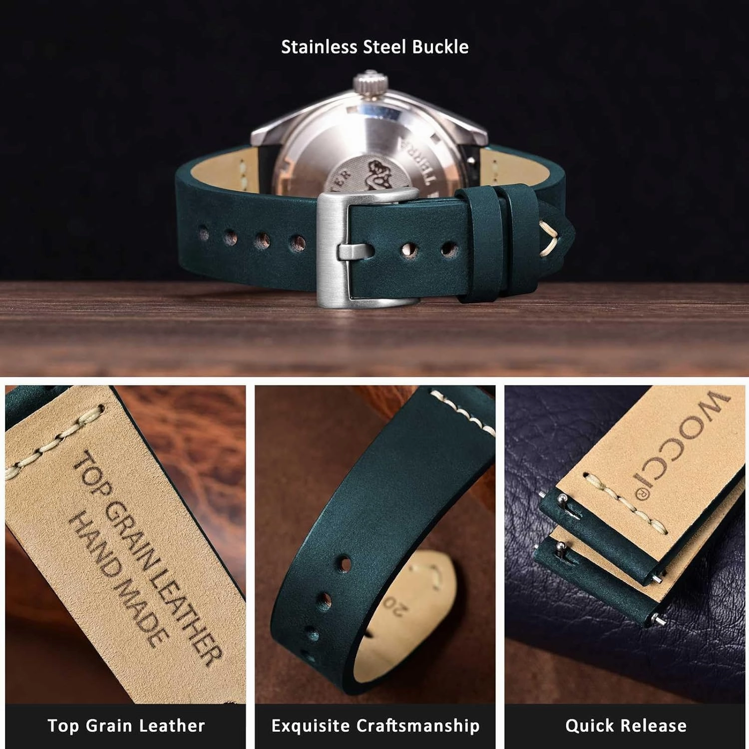 WOCCI 22mm Old-fashioned Watch Band for Men, Top Grain Leather, Silver Brushed Buckle (Retro Blue)