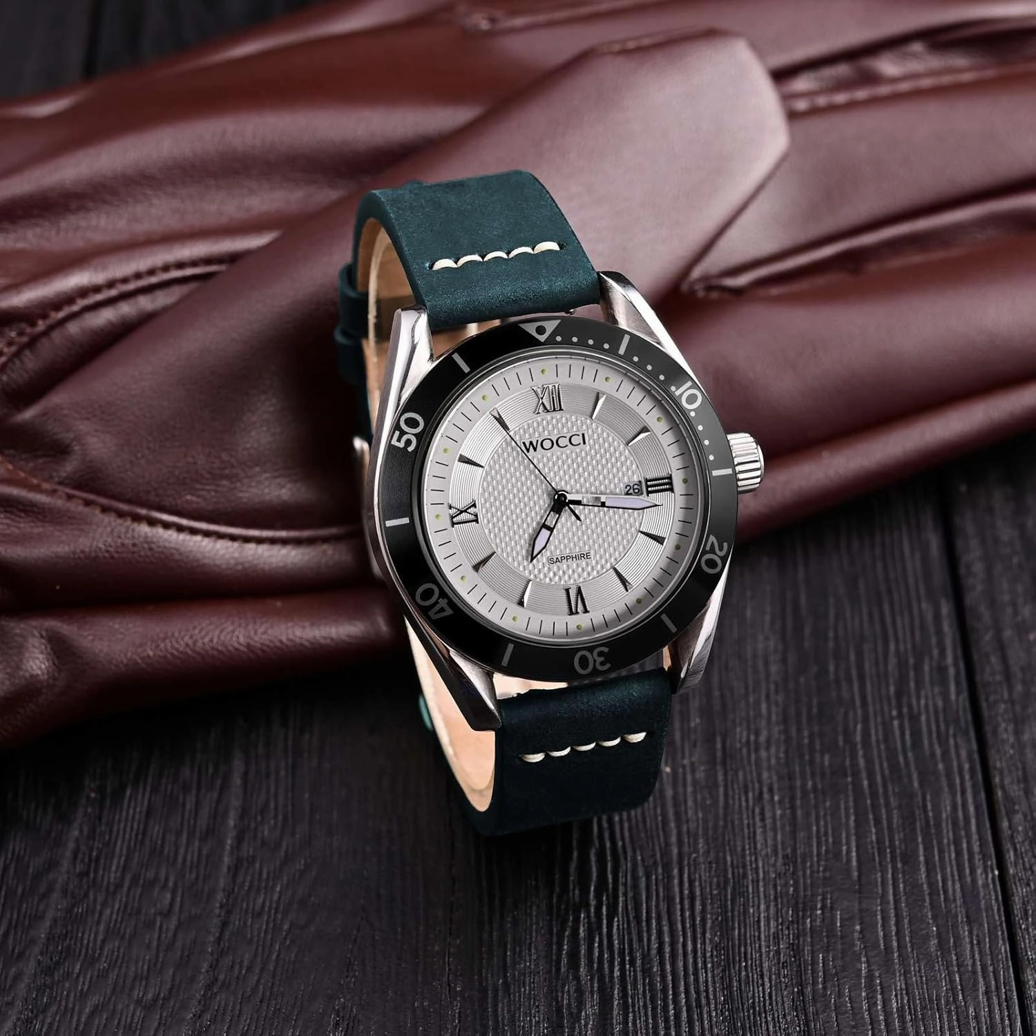 WOCCI 22mm Old-fashioned Watch Band for Men, Top Grain Leather, Silver Brushed Buckle (Retro Blue)