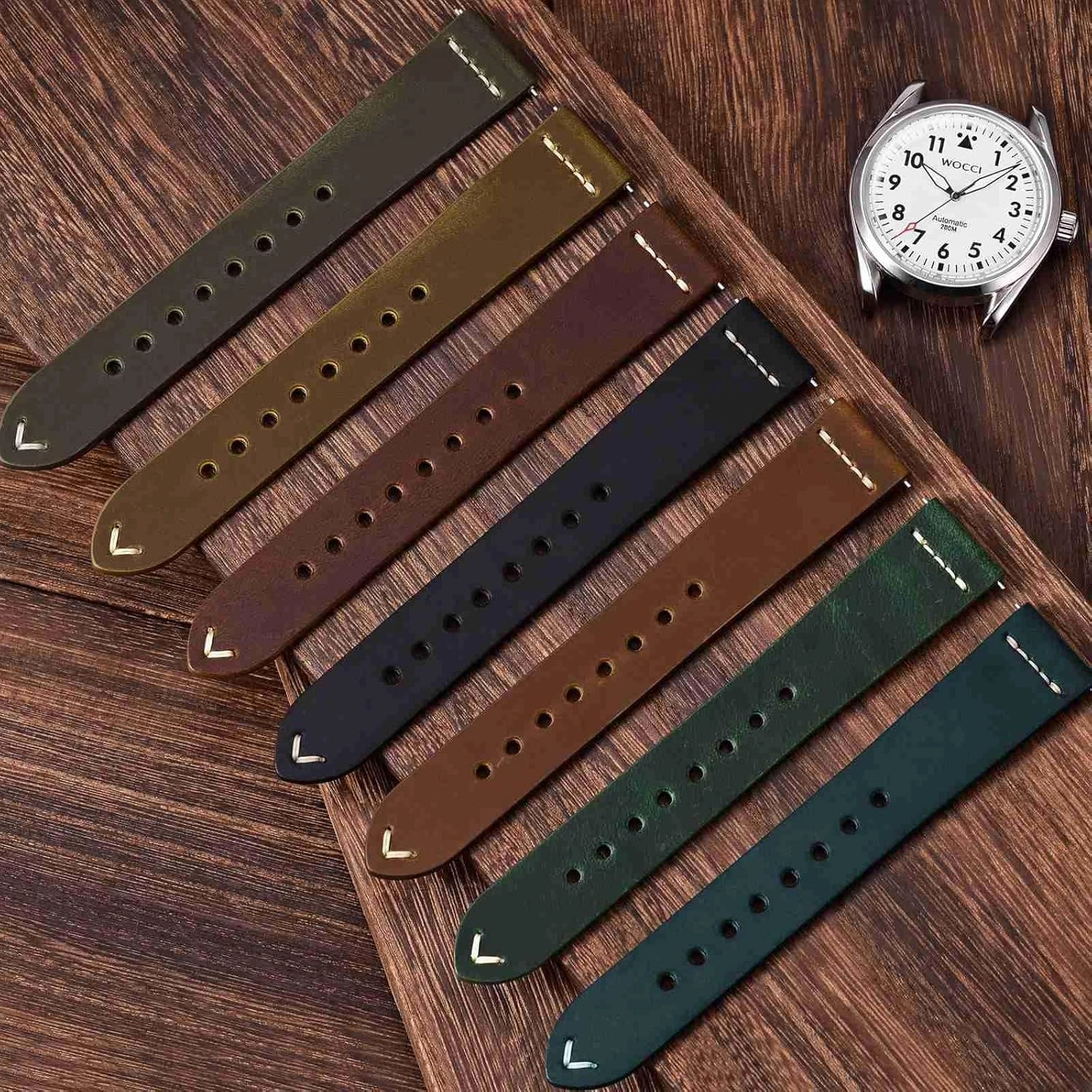 WOCCI 22mm Old-fashioned Watch Band for Men, Top Grain Leather, Silver Brushed Buckle (Retro Blue)