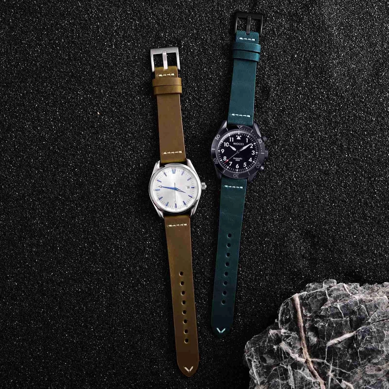 WOCCI 22mm Old-fashioned Watch Band for Men, Top Grain Leather, Silver Brushed Buckle (Retro Blue)