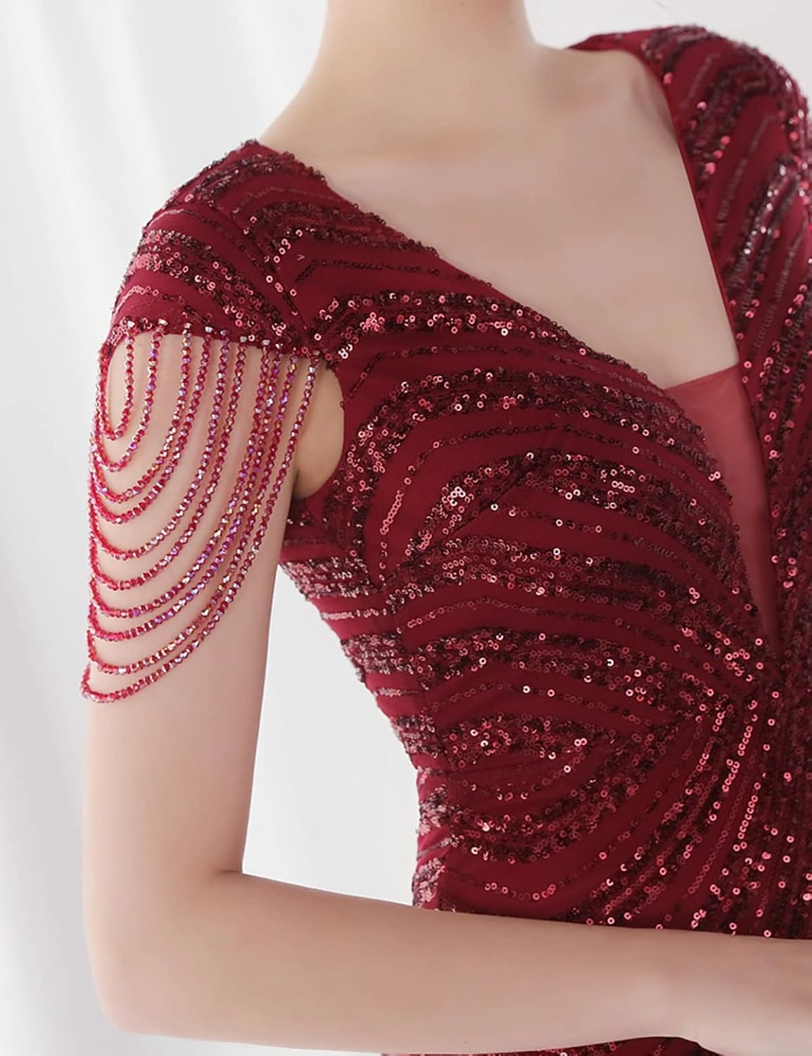 Women 1920s Plus Size Formal Dress Tassels Sleeve Sequins Gatsby Maxi Evening Gown