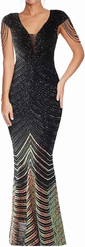 Women 1920s Plus Size Formal Dress Tassels Sleeve Sequins Gatsby Maxi Evening Gown