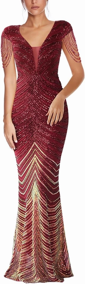 Women 1920s Plus Size Formal Dress Tassels Sleeve Sequins Gatsby Maxi Evening Gown