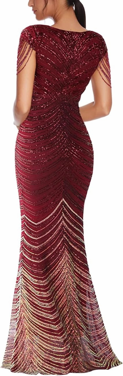 Women 1920s Plus Size Formal Dress Tassels Sleeve Sequins Gatsby Maxi Evening Gown