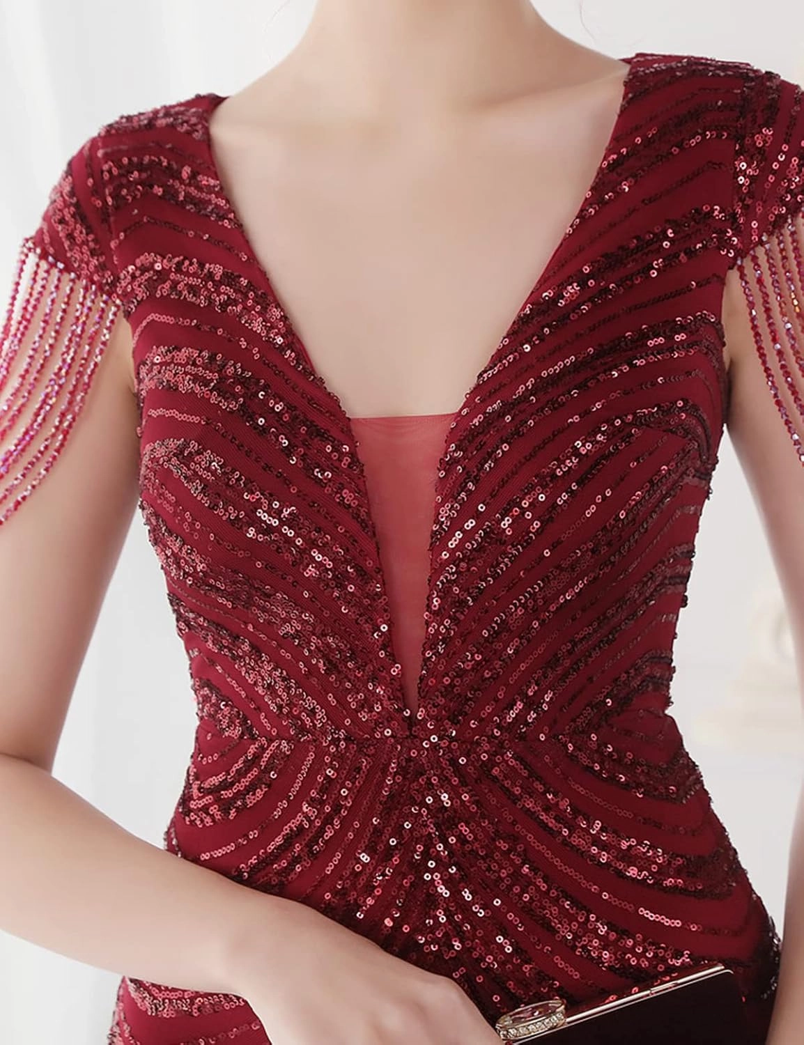 Women 1920s Plus Size Formal Dress Tassels Sleeve Sequins Gatsby Maxi Evening Gown