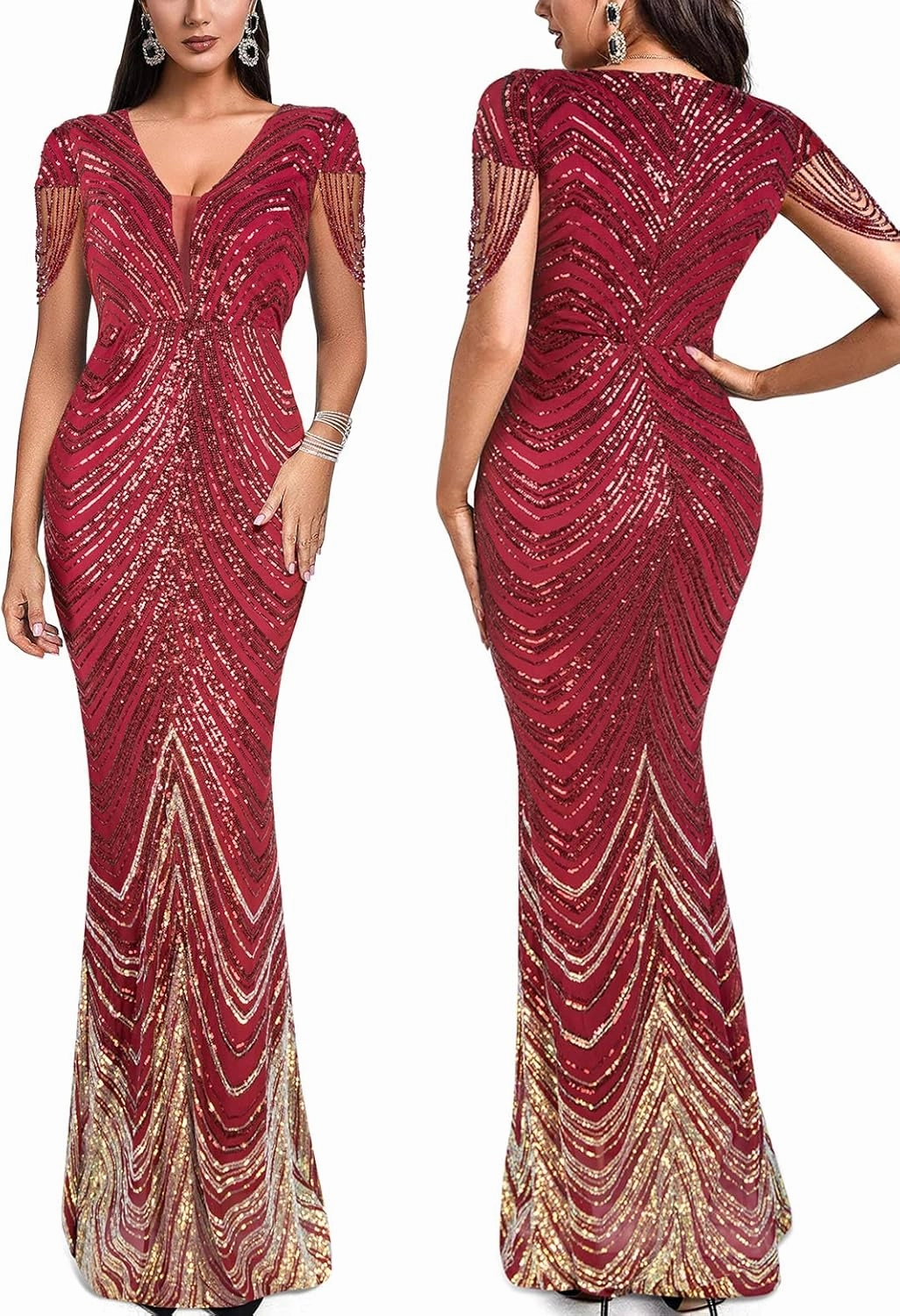 Women 1920s Plus Size Formal Dress Tassels Sleeve Sequins Gatsby Maxi Evening Gown