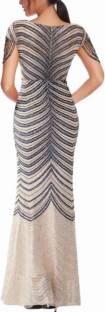 Women 1920s Plus Size Formal Dress Tassels Sleeve Sequins Gatsby Maxi Evening Gown