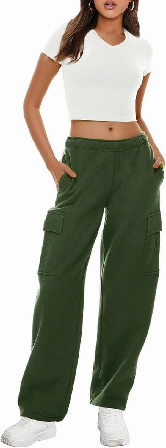 Women Fleece Cargo Sweatpants Fall Winter High Waist Baggy Wide Leg Jogger Pants with Pockets