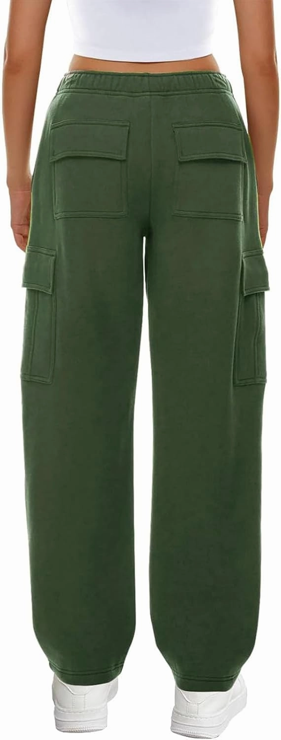 Women Fleece Cargo Sweatpants Fall Winter High Waist Baggy Wide Leg Jogger Pants with Pockets