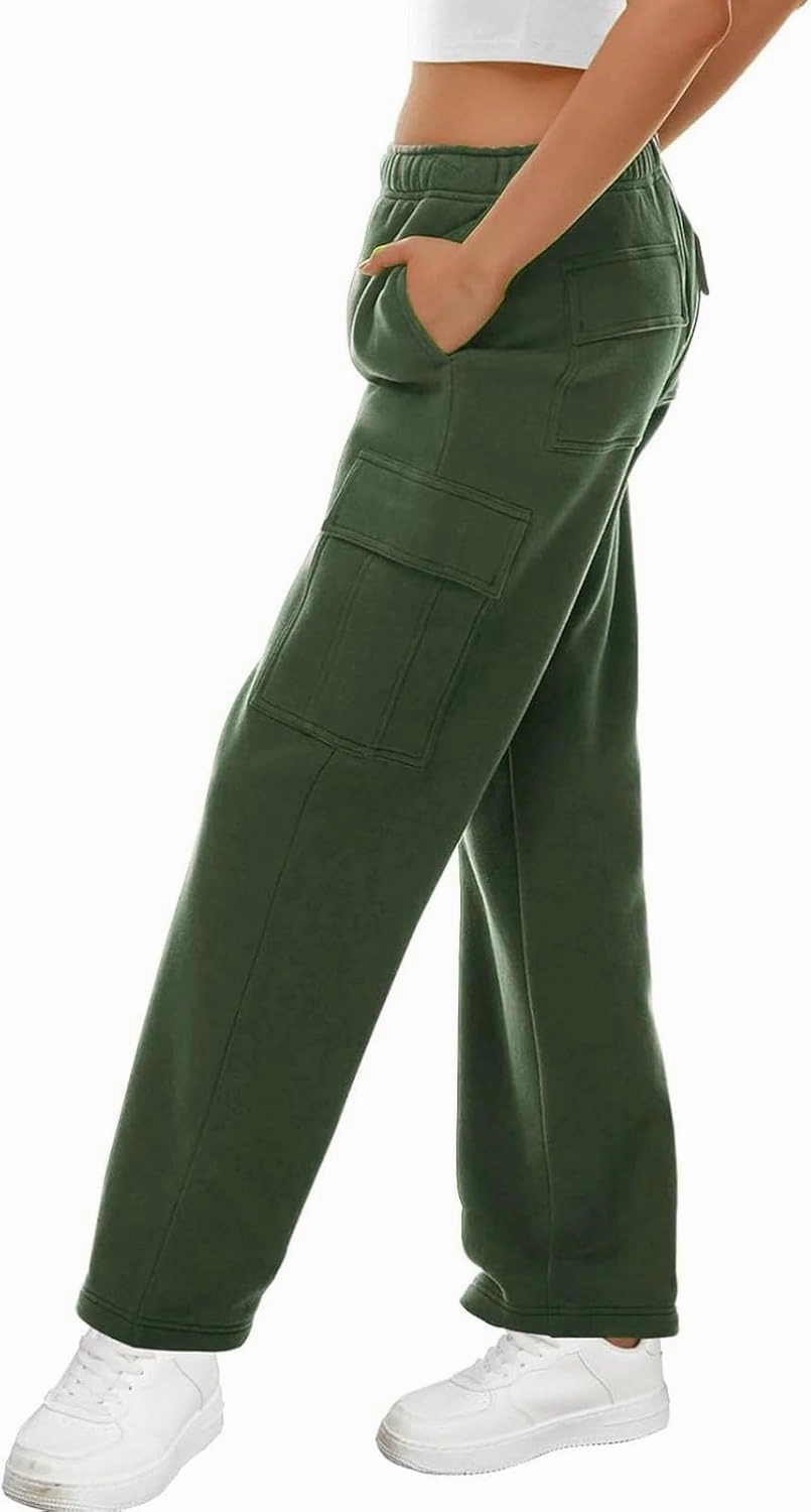 Women Fleece Cargo Sweatpants Fall Winter High Waist Baggy Wide Leg Jogger Pants with Pockets