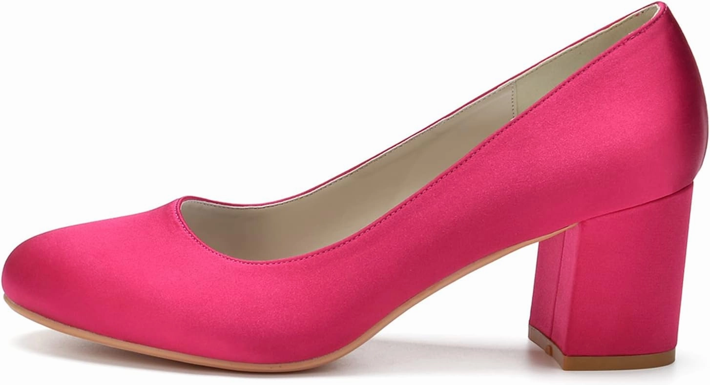Women's Chunky Heel Closed Toe Pumps Satin Mid Block Heel Slip-On Classic Party Dress Shoes