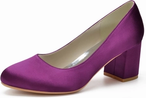 Women's Chunky Heel Closed Toe Pumps Satin Mid Block Heel Slip-On Classic Party Dress Shoes