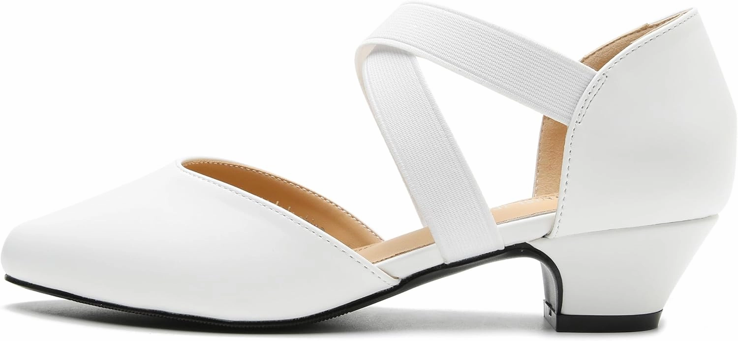 Women's Low Chunky Heel Pumps Elastic Crisscross Strap Pull On Dress Dance Shoes