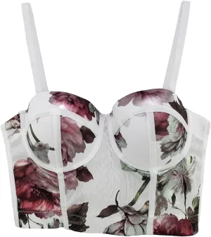 Women's Floral Print Sleeveless Spaghetti Strap Bustier Corset Crop Top Padded Push Up Going Out Tops