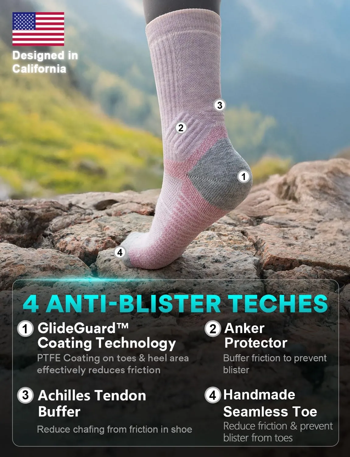 Womens Lightweight Micro Crew Hiking Socks Coolmax Merino Wool Compression Moisture Wicking Anti-Blister Cushioned