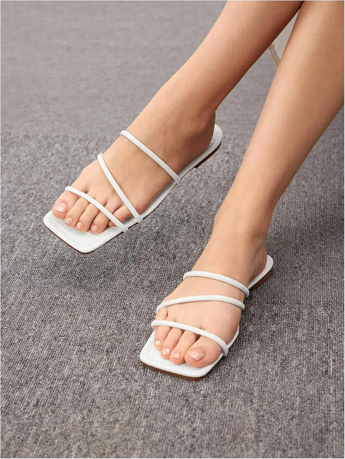 Women's Strappy Sandals Dressy Square Open Toe Thin Strap Slip on Vacation Flats