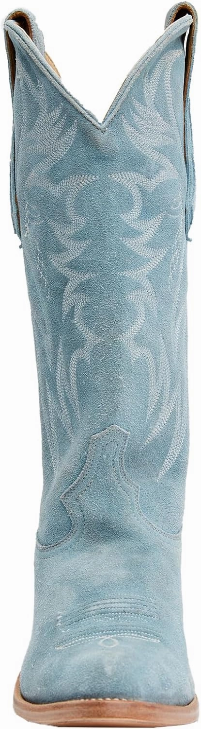 Womens Faux Suede Embroidered Cowboy Boots Pointed Toe Chunky Heel Cowboy Boots Pull On Womens Fashion Mid Calf Boots