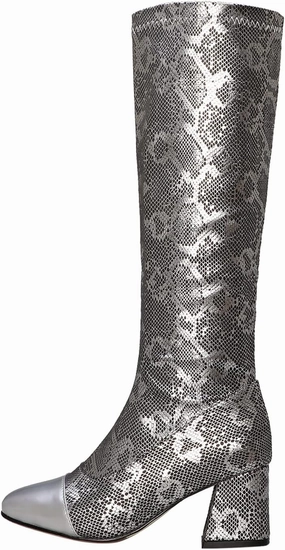 Womens Square Toe Chunky Boots - Fashion Snake Pattern Print Pointed Toe Side Zip Knee High Boots Trendy Casual Ladies Square High Heel Shoes