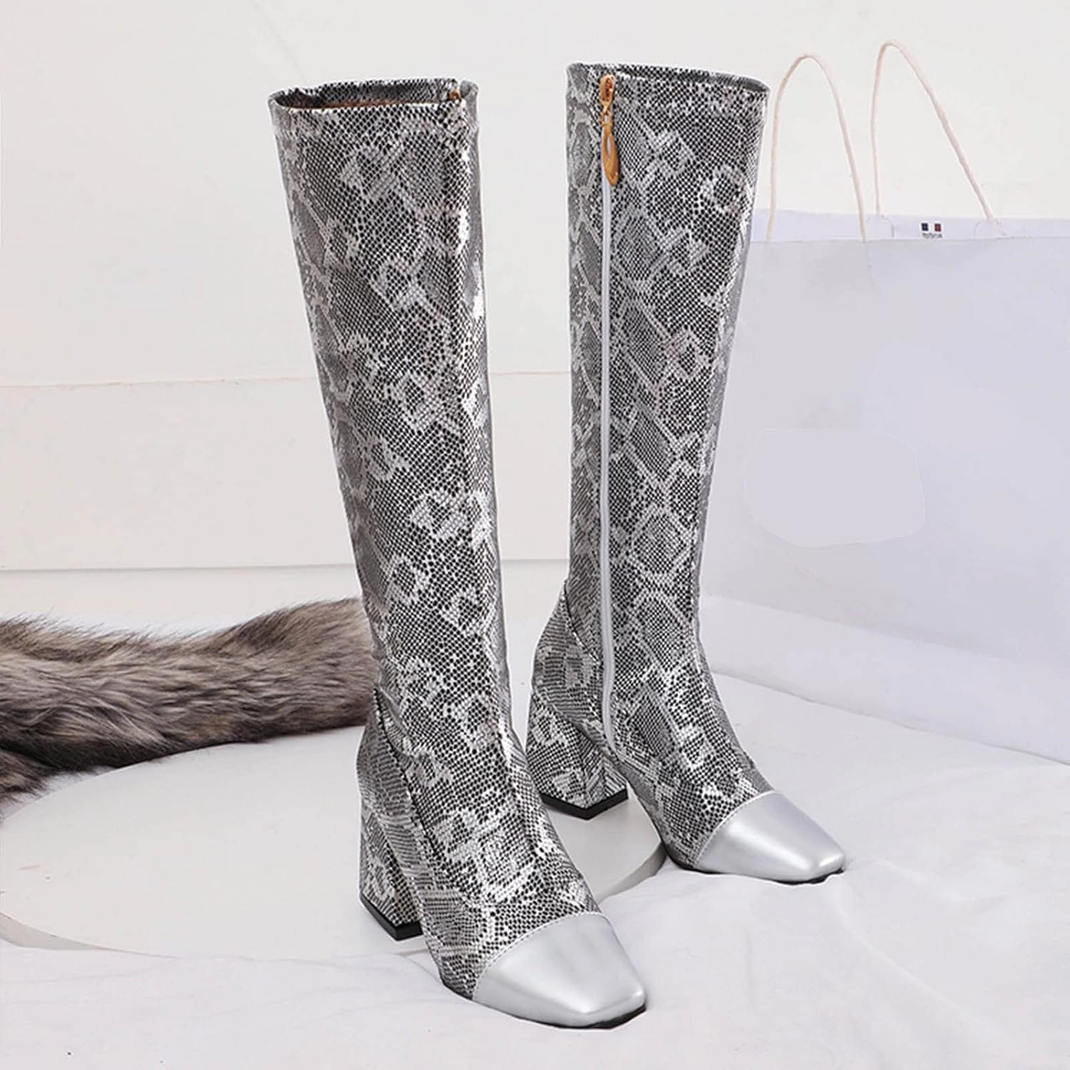 Womens Square Toe Chunky Boots - Fashion Snake Pattern Print Pointed Toe Side Zip Knee High Boots Trendy Casual Ladies Square High Heel Shoes