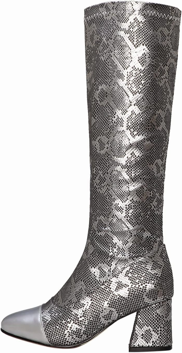 Womens Square Toe Chunky Boots - Fashion Snake Pattern Print Pointed Toe Side Zip Knee High Boots Trendy Casual Ladies Square High Heel Shoes
