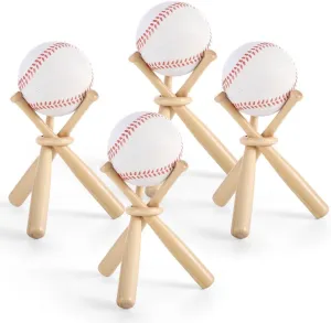 Wooden Mini Bat Stands Set, 12 Mini Baseball Bats and 4 Rings for Displaying Game Balls, 4 Pack Set
