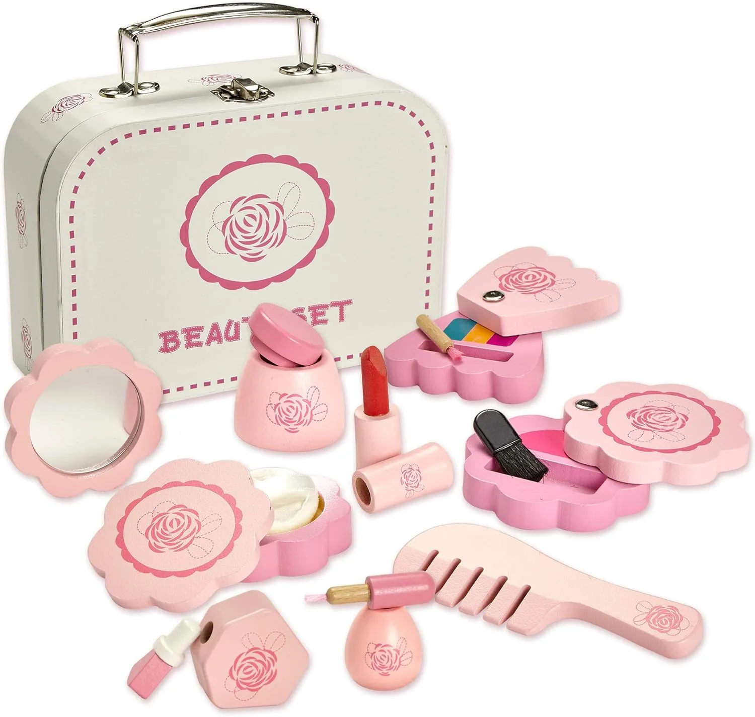 Wooden Toy Beauty Set – 10 Piece Kit - Girls Salon Set with Makeup, Brush, Mirror and Cosmetics Case - 100% Natural Wood, Nontoxic Paint, Smooth Edges