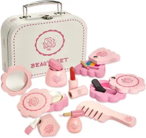 Wooden Toy Beauty Set – 10 Piece Kit - Girls Salon Set with Makeup, Brush, Mirror and Cosmetics Case - 100% Natural Wood, Nontoxic Paint, Smooth Edges