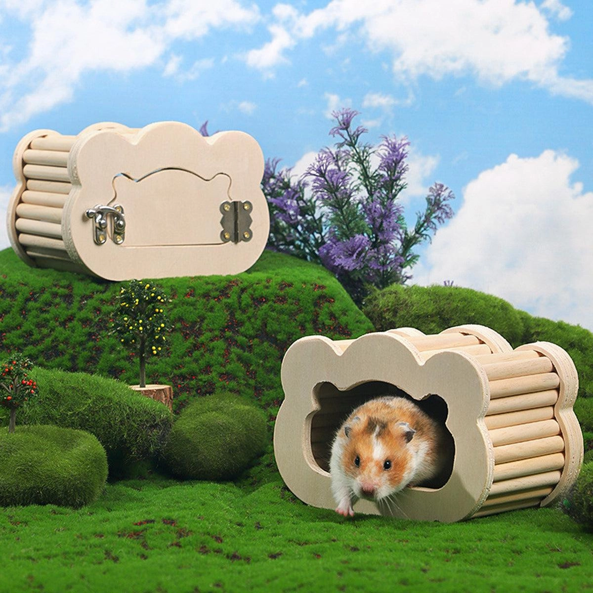 Wooden Hamster Hiding Nest House with Observation Window Small Pet Habitat