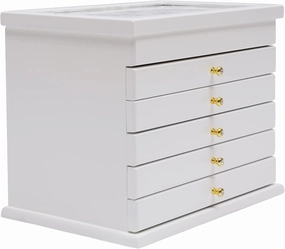 Wooden Jewelry Storage Box, 6 Layer Large Capacity Watch Display Box Vintage Jewelry Box Wood Display Case Drawer Dresser Large Necklacel Box with 5 Drawers for Organizing Various Jewelry (White)