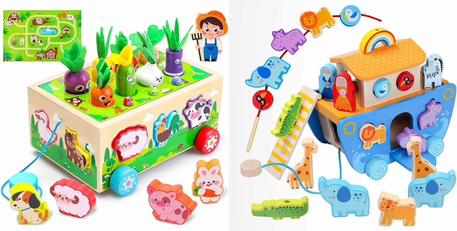 Wooden Noah's Ark Toy Baptism Gifts for 1-4 Years Old Boys and Girls Montessori Toys Birthday Gifts for 1-3 Year Old