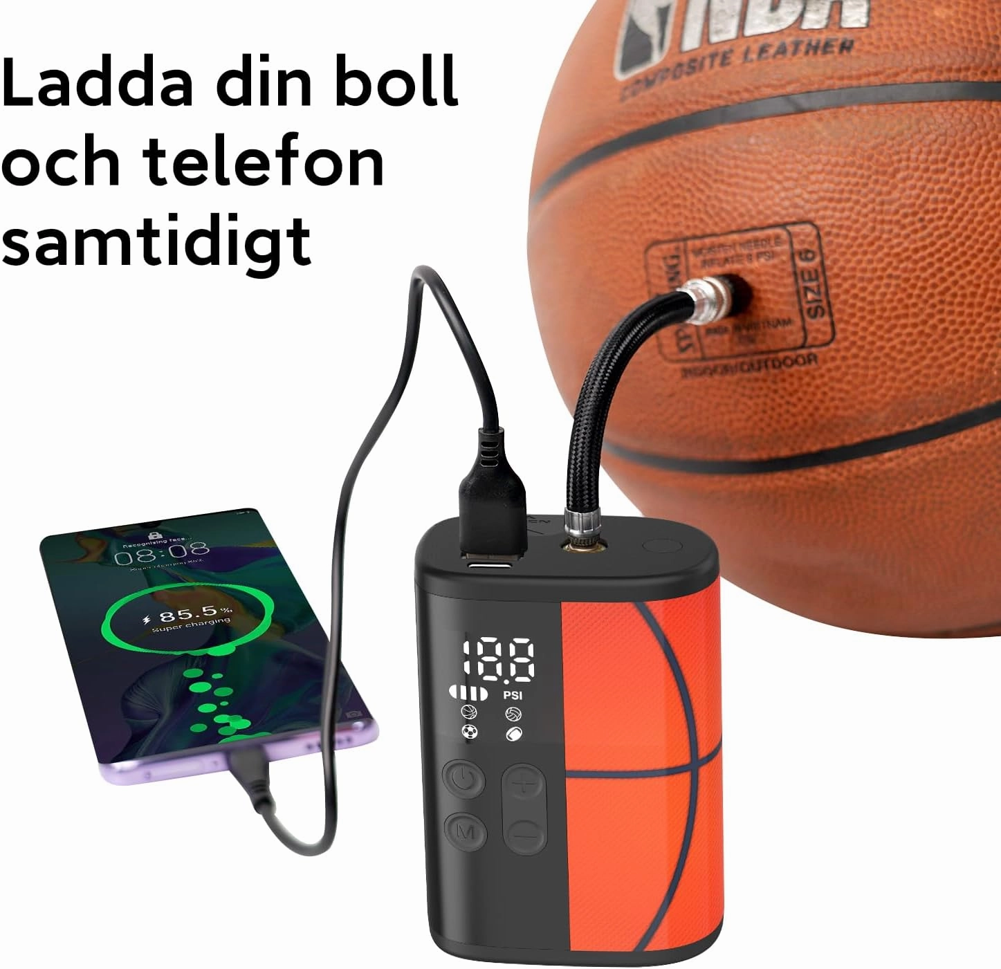 Woowind Ball Pump Electric Basketball Pump with Pressure Gauge LED Lighting and Power Bank, Automatic Portable Ball Inflator with Ball Needle for Football,Soccer,Sports Balls