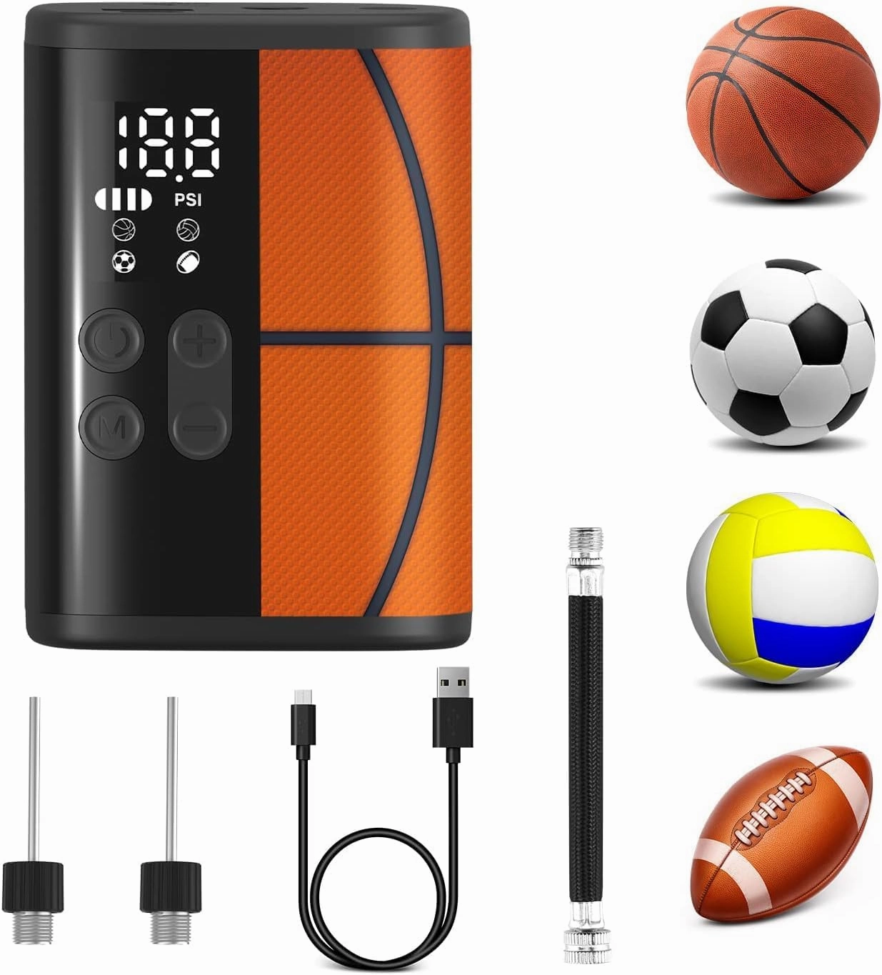Woowind Ball Pump Electric Basketball Pump with Pressure Gauge LED Lighting and Power Bank, Automatic Portable Ball Inflator with Ball Needle for Football,Soccer,Sports Balls