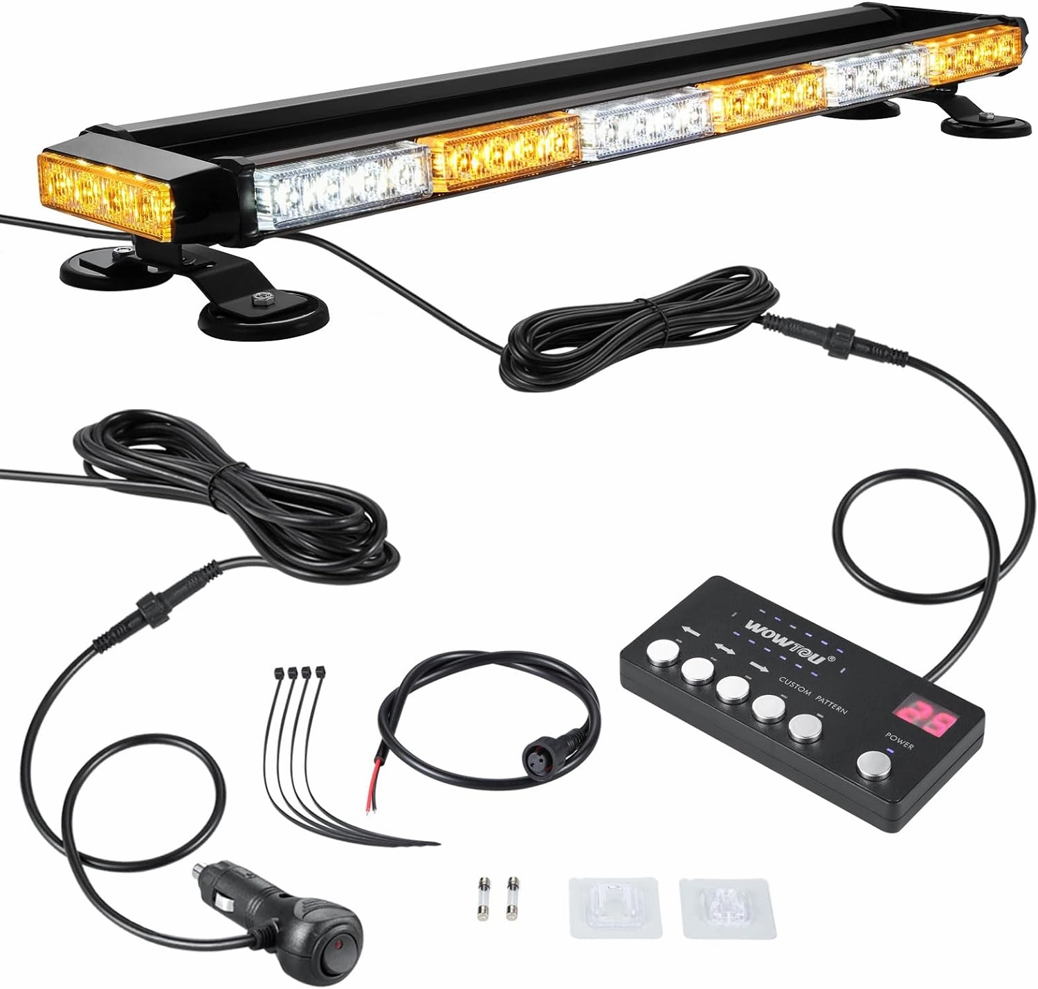 WOWTOU Rooftop Safety Flashing 56 LED Amber White Emergency Light Bar with Controller for Construction Vehicles Tow Trucks Snow Plows, Strong Magnetic Strobe Beacon Lights