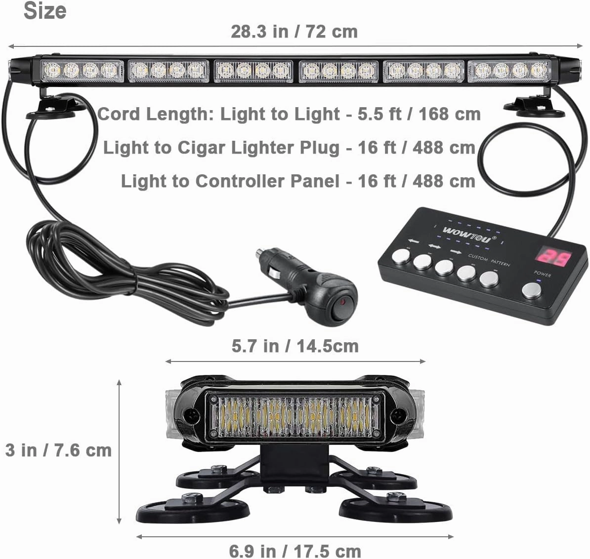 WOWTOU Rooftop Safety Flashing 56 LED Amber White Emergency Light Bar with Controller for Construction Vehicles Tow Trucks Snow Plows, Strong Magnetic Strobe Beacon Lights